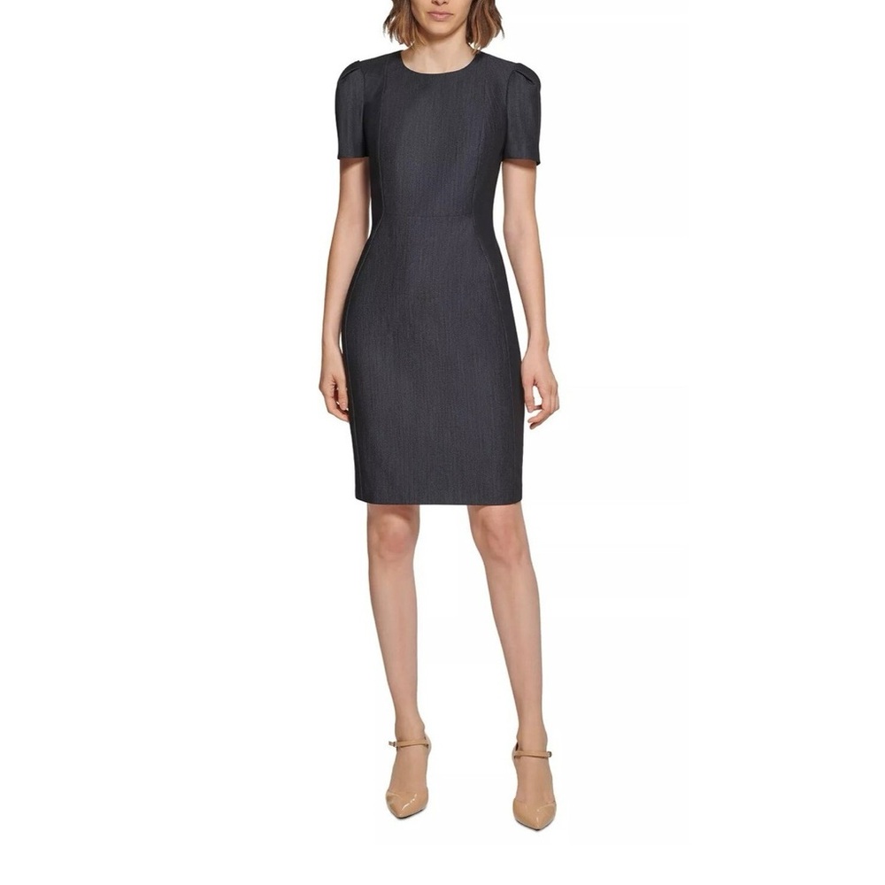 Calvin Klein Puff-Sleeve Mini Denim Sheath Dress